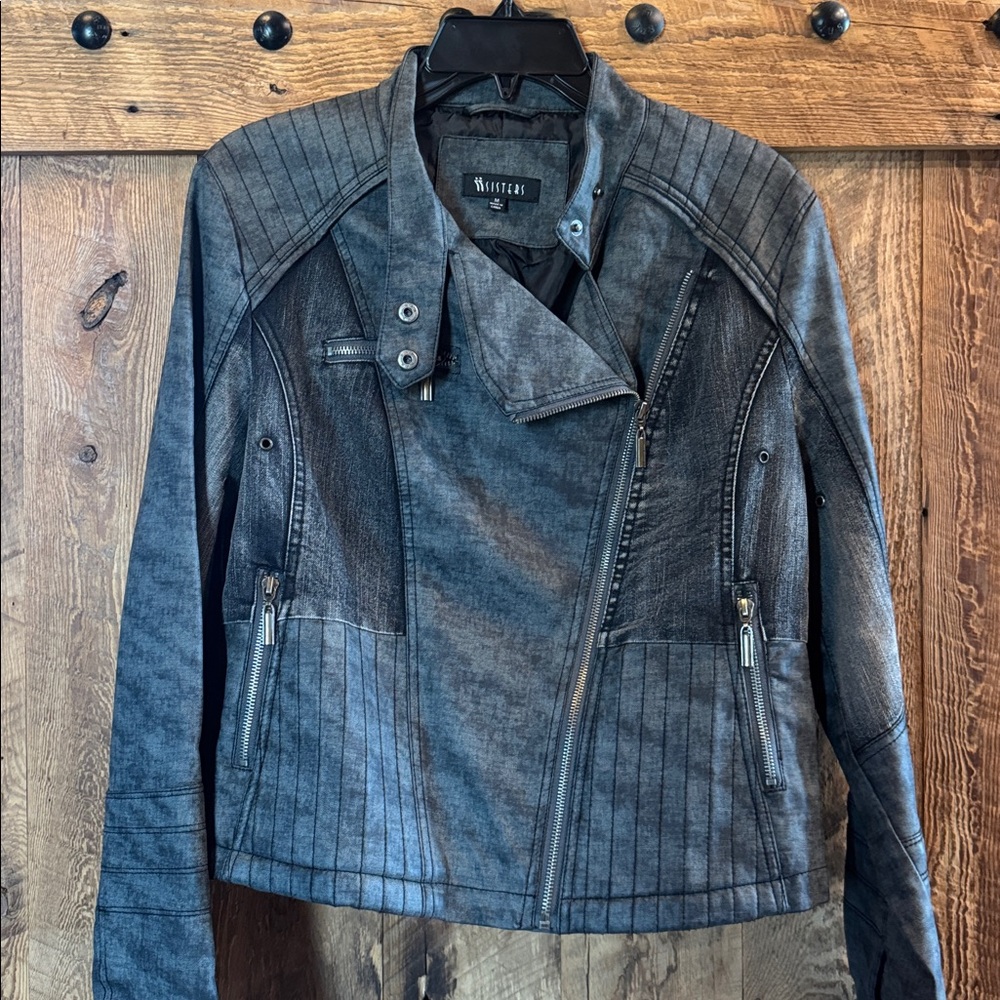 Sisters  Women's Washed Faux-Leather Moto Jacket - Charcoal